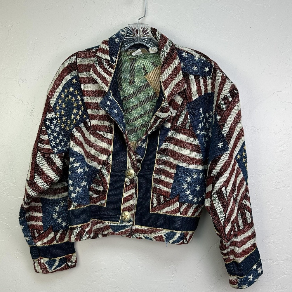 Painted Pony Sweater Jacket Womens Large Red White Blue American Flag Made USA
